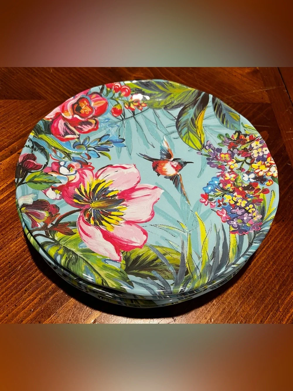 Pier 1 Exclusive Melamine Tropical Hummingbird Floral Plates 8.5 Inch Set of 4